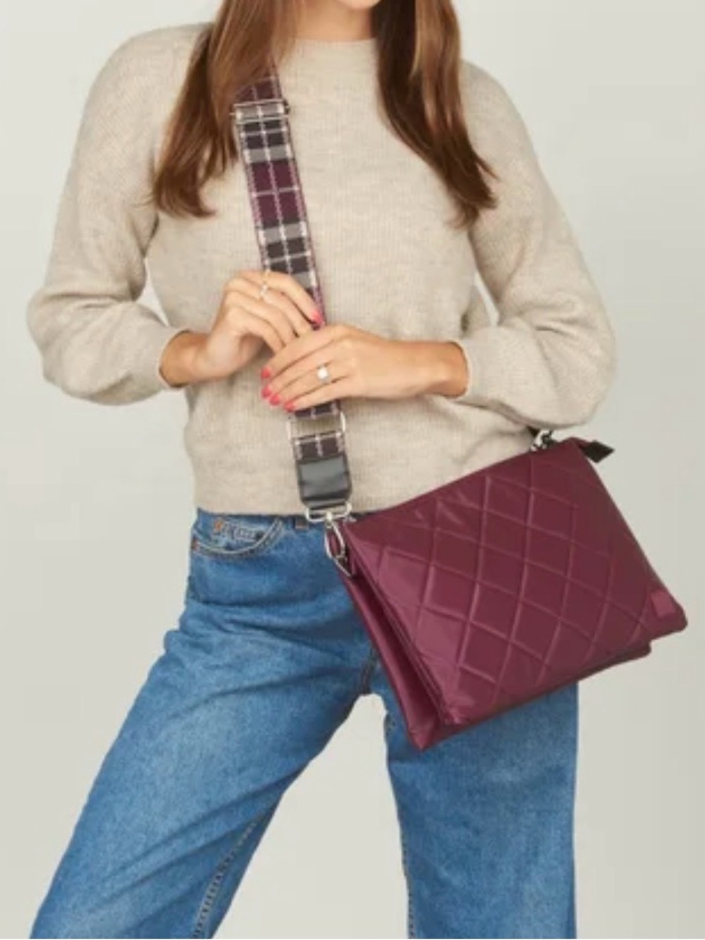 NWOT 1HKWIP | Quilted Crossbody Bag in Plum with Plaid Strap
